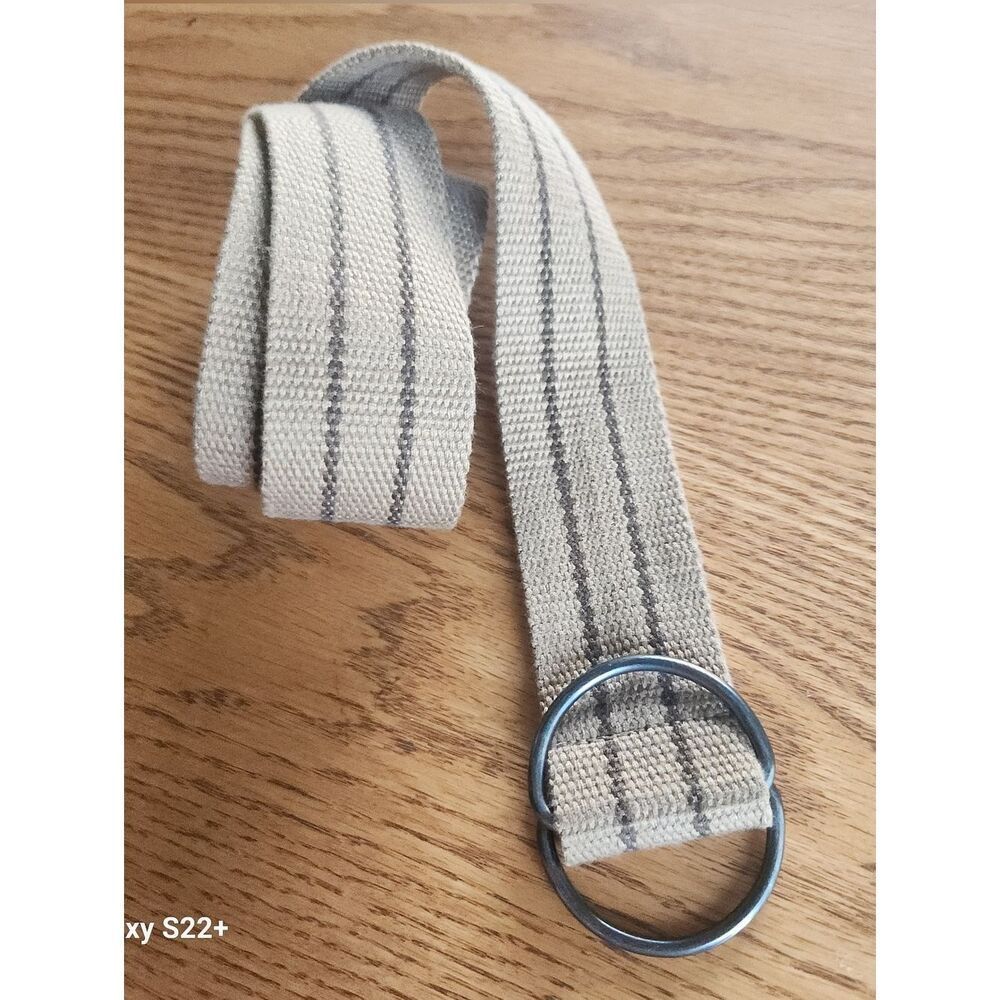 Men's Canvas D-Ring Belt Strap — Light Beige with Dark Stitching